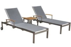 OUTFLEXX 2er-Set Sonnenliegen, Silber, Edelstahl/Teak, 195,5x74x35cm, Mit Beistelltisch 45x45cm
